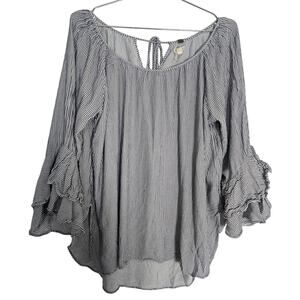 Cupio XL Bell Sleeve Blouse Grey White Striped Ruffle Work Office Chic Boho Top